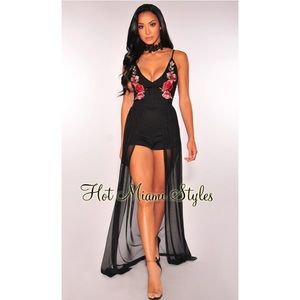 Black embroidered roses mesh romper dress